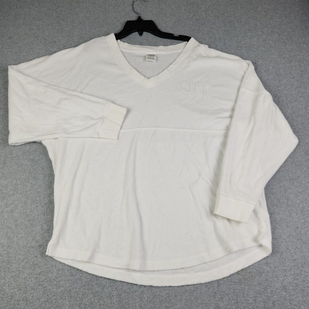 PINK Victoria's Secret T Shirt Womens XL White Embroidered Logo Terry Curved Hem